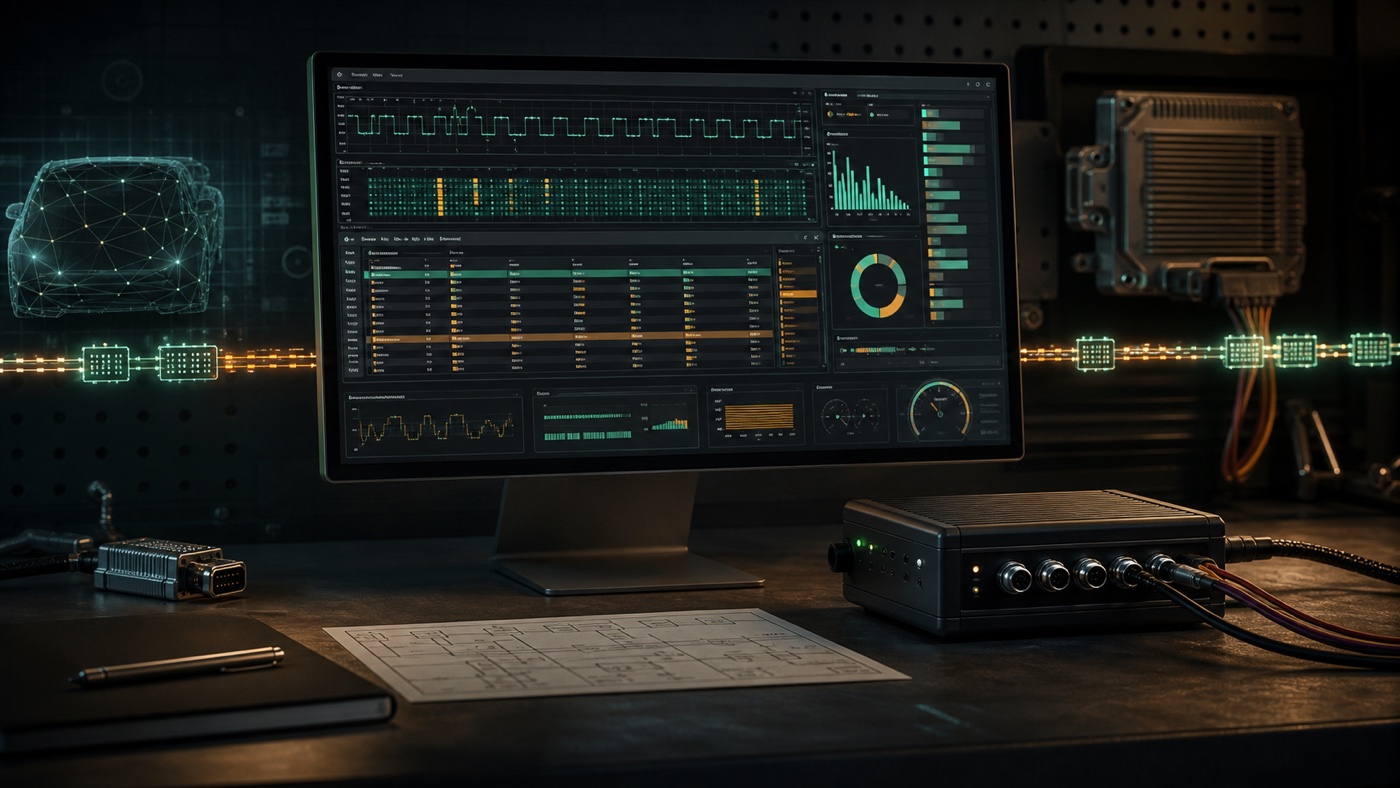 Engineering workstation visualizing CAN bus traffic and embedded network signals
